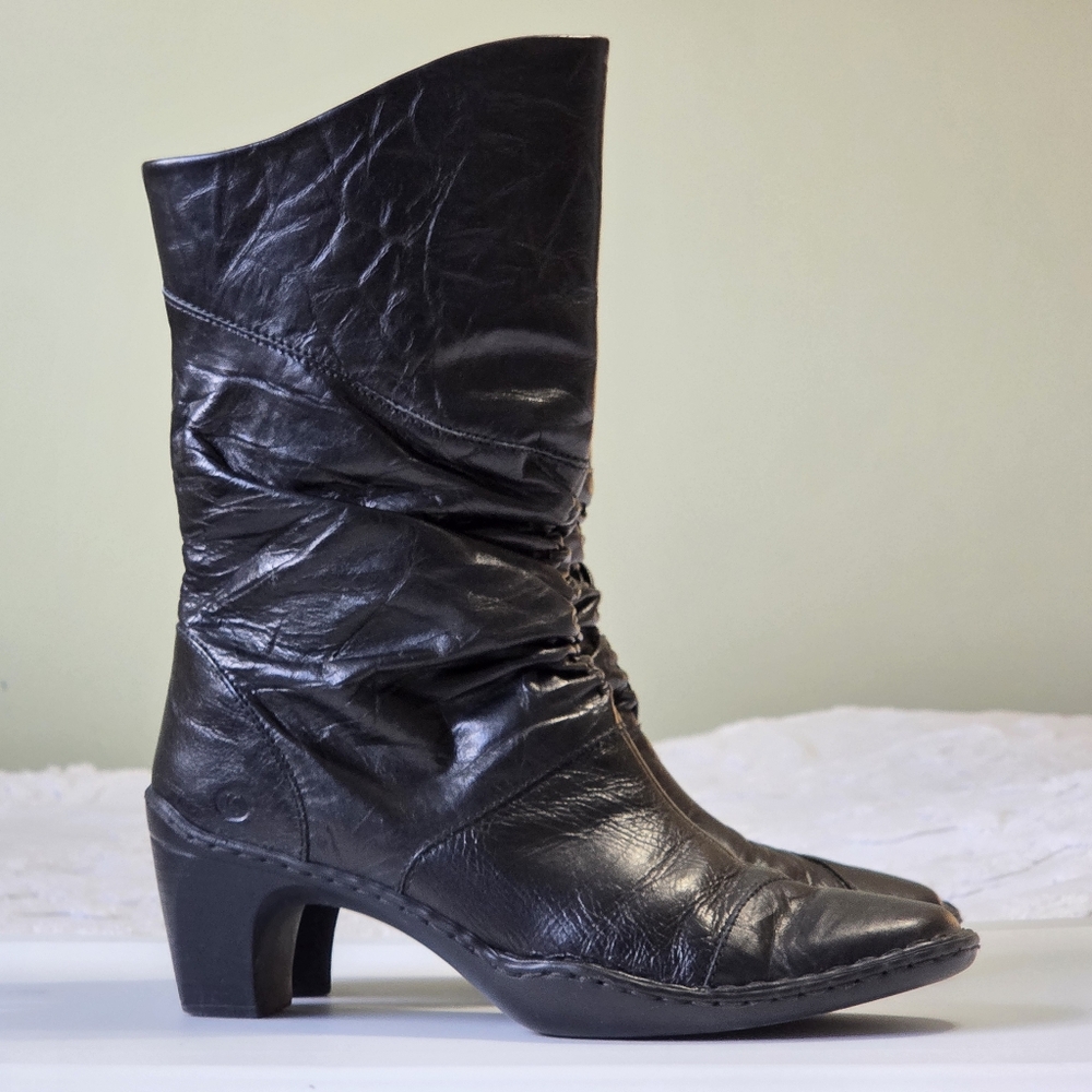 Josef Siebel Black Slouchy Creased Leather Mid Calf Boots Sz 38(7-7.5) Boho chic